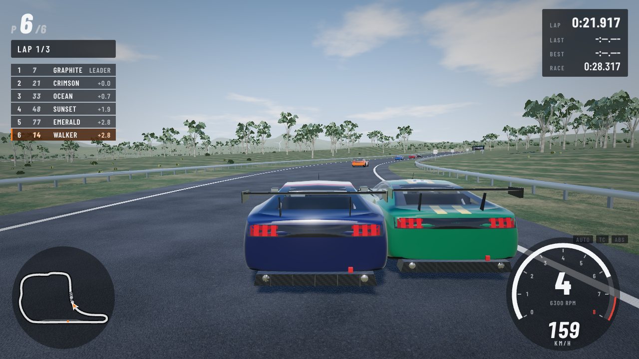 Race HUD: standings, lap times, tachometer and minimap